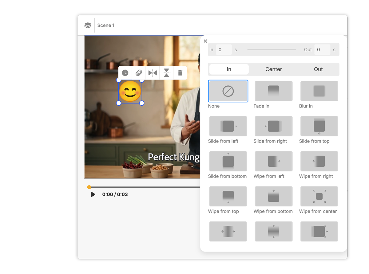 Sticker editing panel in Visla for adding playful stickers on top of a video scene